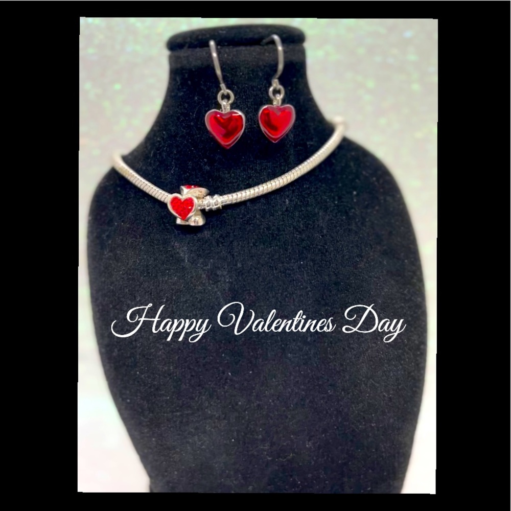 Vintage ❤️ Enameled Heart Earrings & Red Rhinestone ❤️PGDA 925 Charm & Bracelet